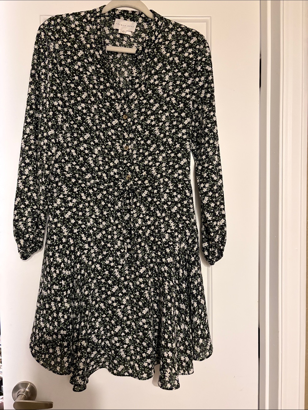 French Gray Floral V-Neck Long Sleeve Dress